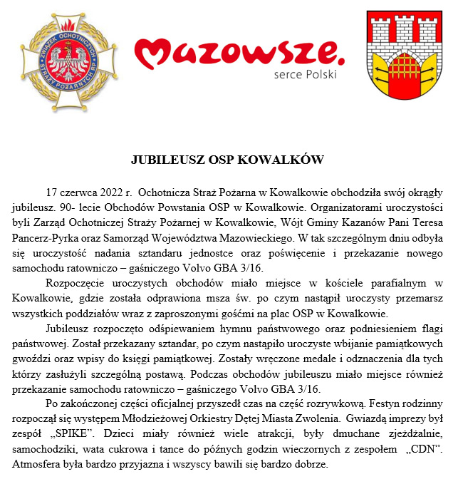 17 czerwca Jubileusz OSP Kowalkow