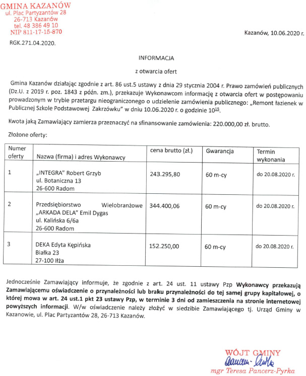 info z otwarcia ofert Remont lazienek w PSP Zakrzowek